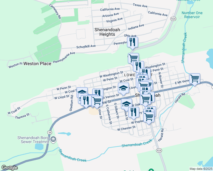 map of restaurants, bars, coffee shops, grocery stores, and more near 424 West Coal Street in Shenandoah
