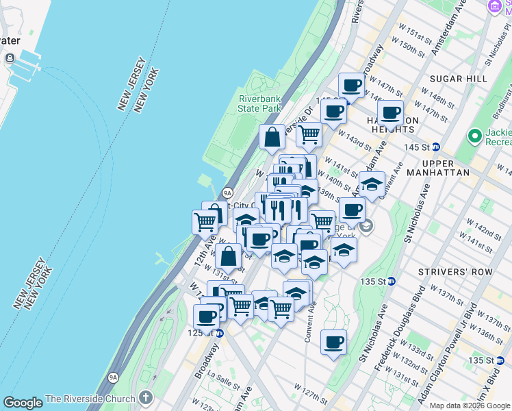 map of restaurants, bars, coffee shops, grocery stores, and more near 641 West 136th Street in New York