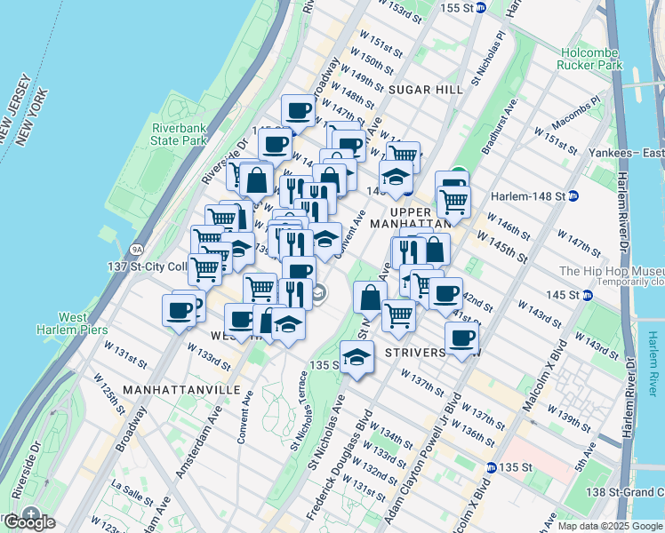map of restaurants, bars, coffee shops, grocery stores, and more near Convent Ave & W 140th St in New York