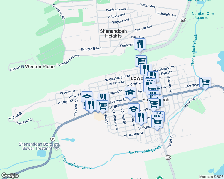 map of restaurants, bars, coffee shops, grocery stores, and more near 426 West Coal Street in Shenandoah