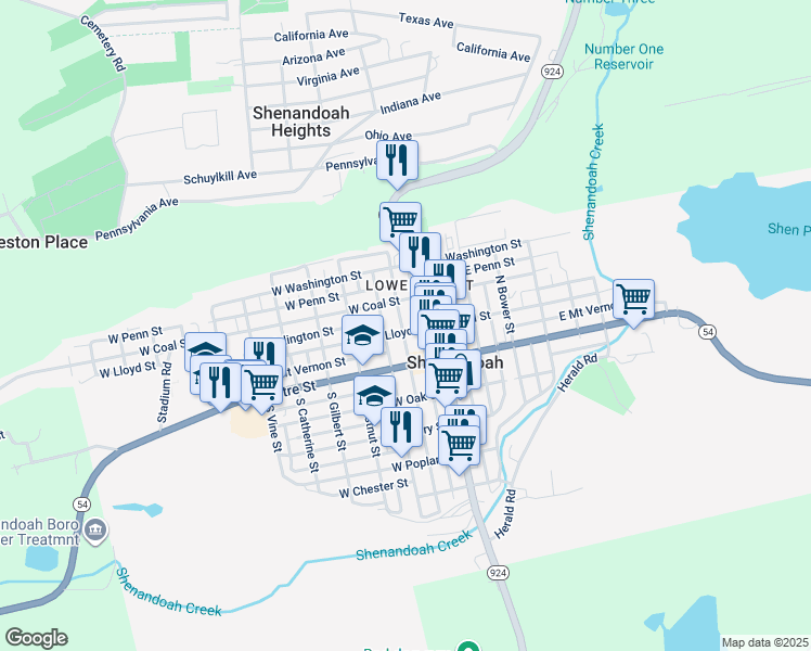 map of restaurants, bars, coffee shops, grocery stores, and more near 121 North Jardin Street in Shenandoah