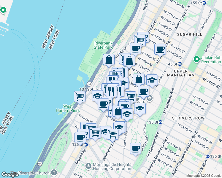 map of restaurants, bars, coffee shops, grocery stores, and more near 604 West 137th Street in New York