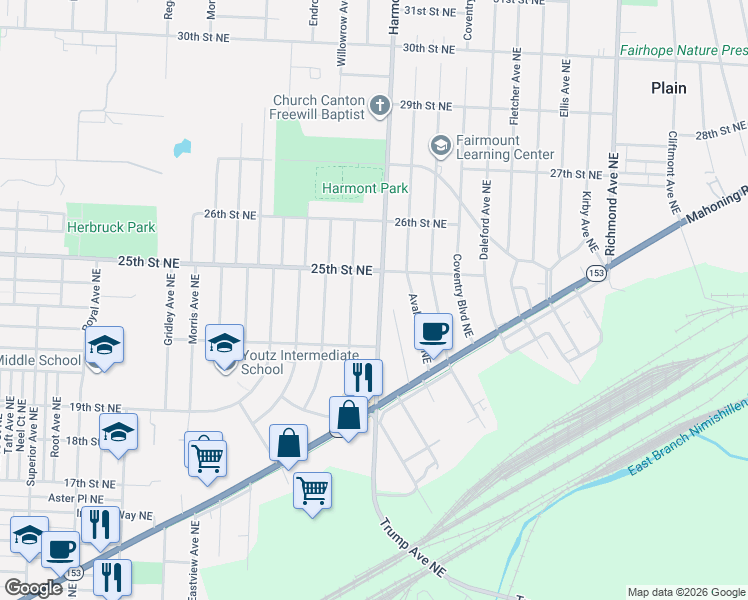 map of restaurants, bars, coffee shops, grocery stores, and more near 2305 Harmont Avenue Northeast in Canton