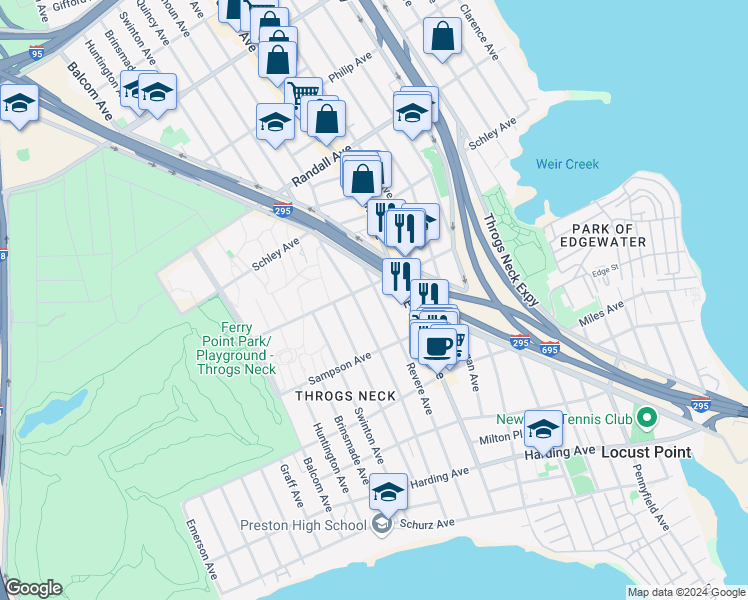 map of restaurants, bars, coffee shops, grocery stores, and more near 423 Revere Avenue in Bronx