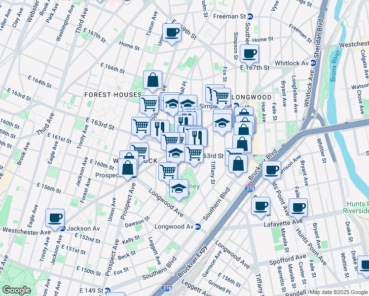map of restaurants, bars, coffee shops, grocery stores, and more near 919e East 163rd Street in Bronx