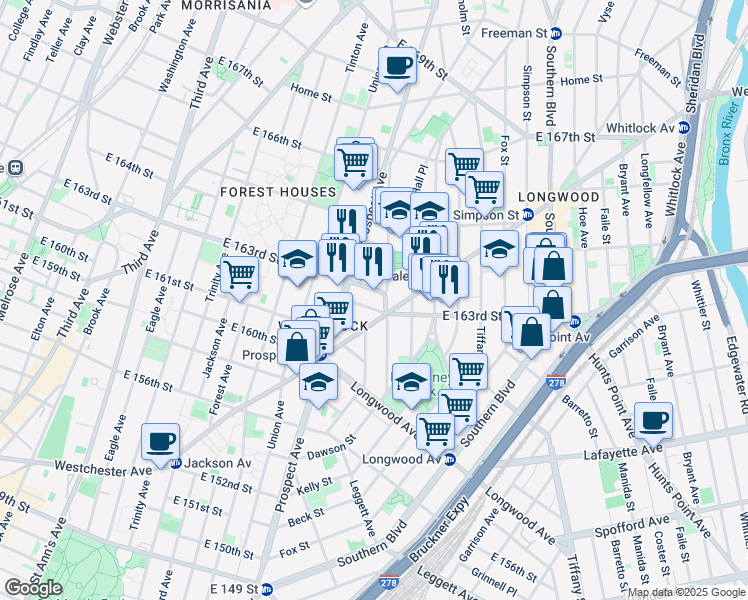 map of restaurants, bars, coffee shops, grocery stores, and more near in The Bronx