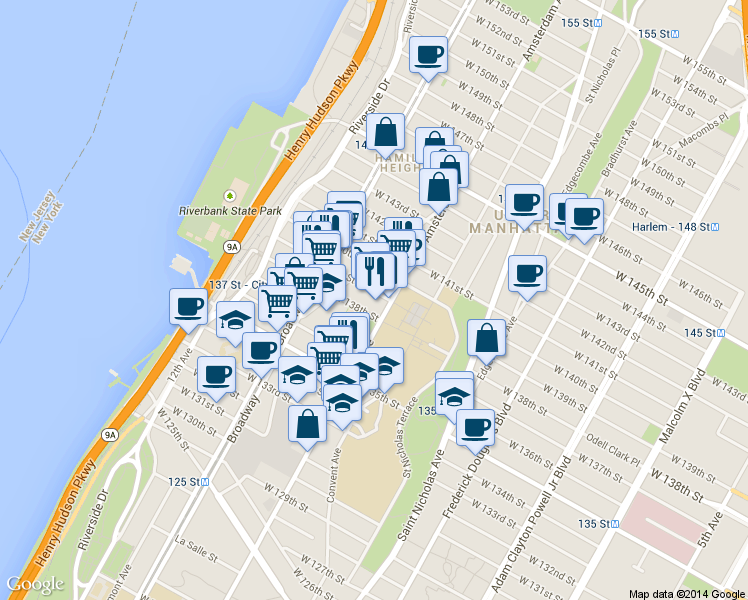 map of restaurants, bars, coffee shops, grocery stores, and more near in New York