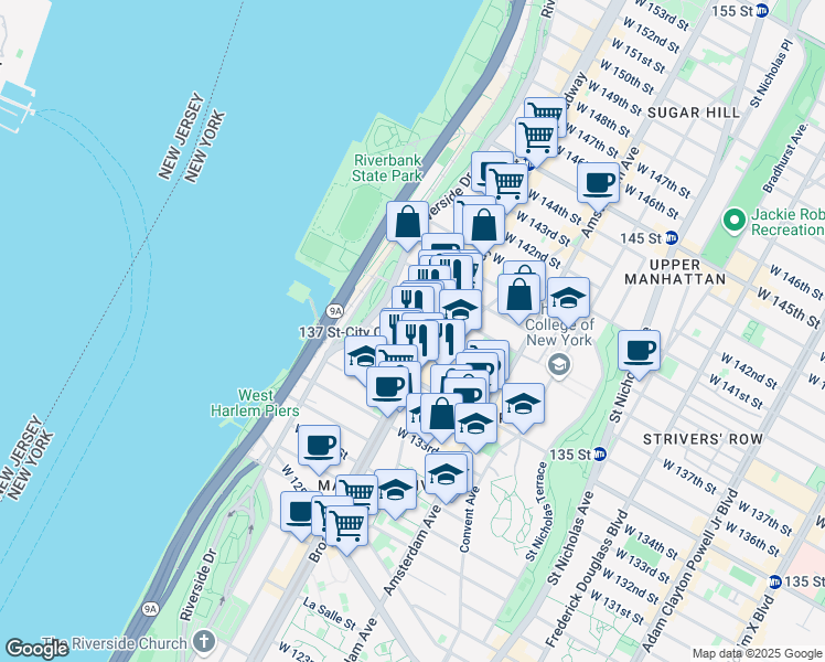 map of restaurants, bars, coffee shops, grocery stores, and more near 3344 Broadway in New York