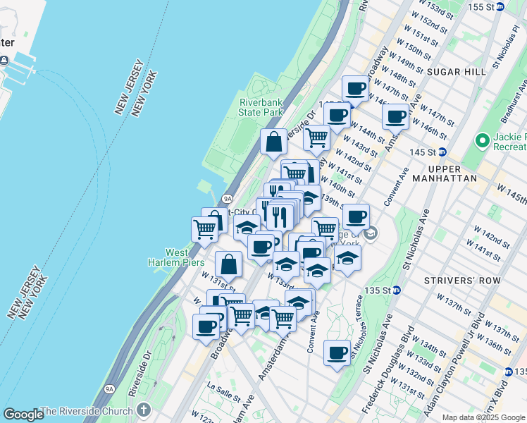map of restaurants, bars, coffee shops, grocery stores, and more near 622 West 136th Street in New York