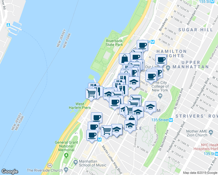 map of restaurants, bars, coffee shops, grocery stores, and more near 636 West 135th Street in New York