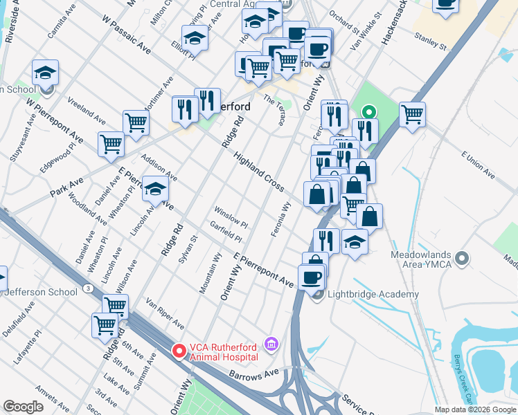 map of restaurants, bars, coffee shops, grocery stores, and more near 199 Orient Way in Rutherford