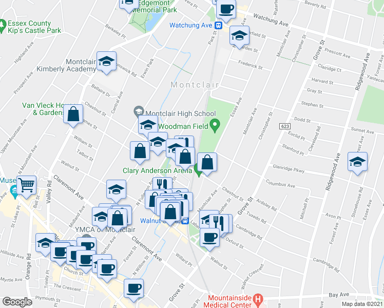 map of restaurants, bars, coffee shops, grocery stores, and more near 62 Chestnut Street in Montclair