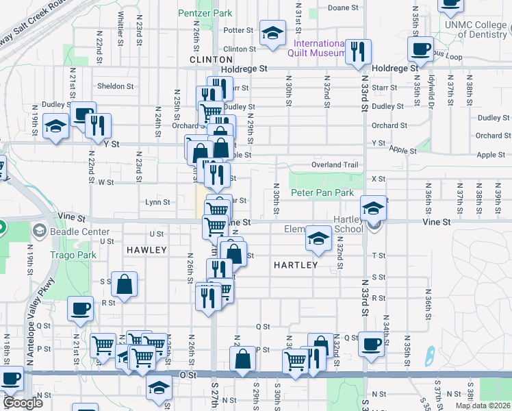 map of restaurants, bars, coffee shops, grocery stores, and more near 2916 Vine Street in Lincoln