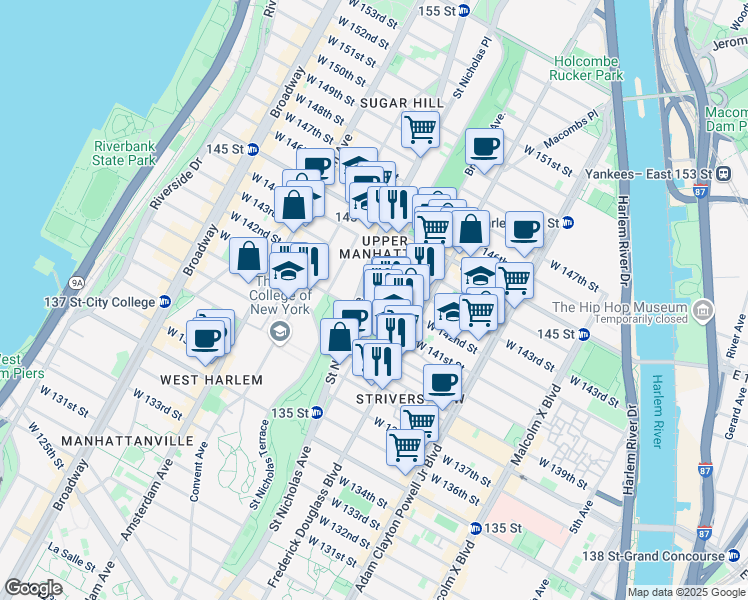 map of restaurants, bars, coffee shops, grocery stores, and more near 137 Edgecombe Avenue in New York