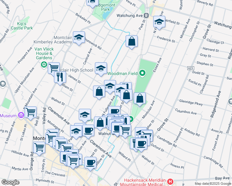 map of restaurants, bars, coffee shops, grocery stores, and more near N Fullerton Ave & Chestnut St in Montclair