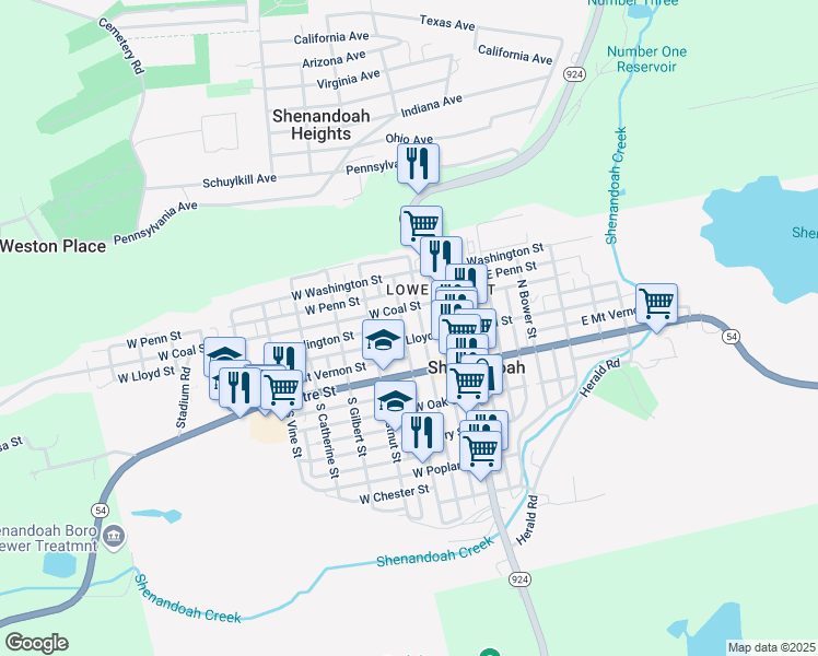 map of restaurants, bars, coffee shops, grocery stores, and more near 115 North West Street in Shenandoah