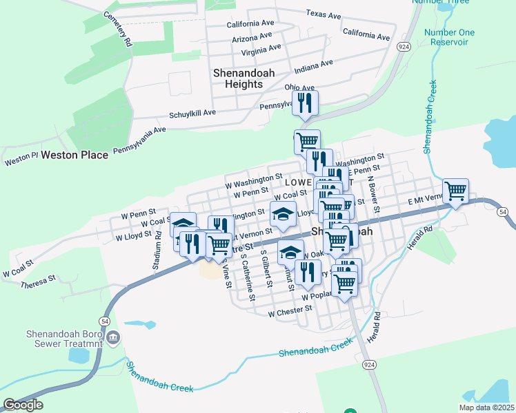 map of restaurants, bars, coffee shops, grocery stores, and more near 133 North Gilbert Street in Shenandoah