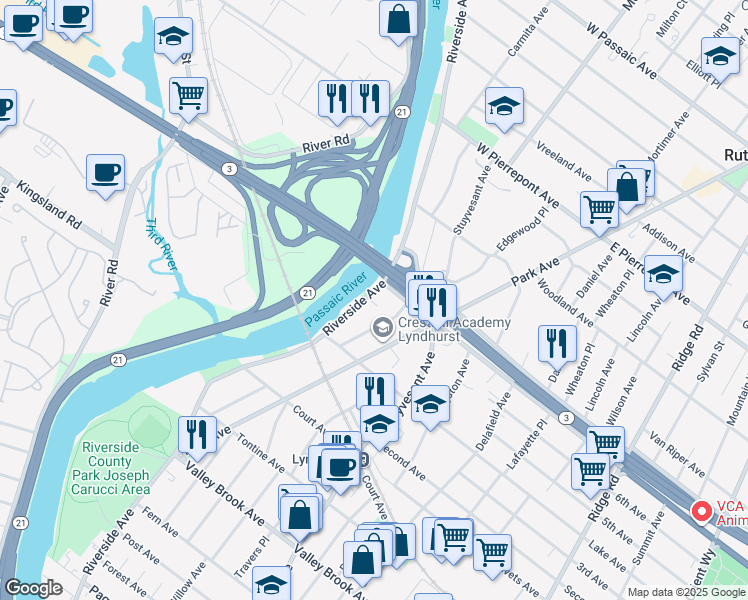 map of restaurants, bars, coffee shops, grocery stores, and more near 16 Riverside Avenue in Lyndhurst