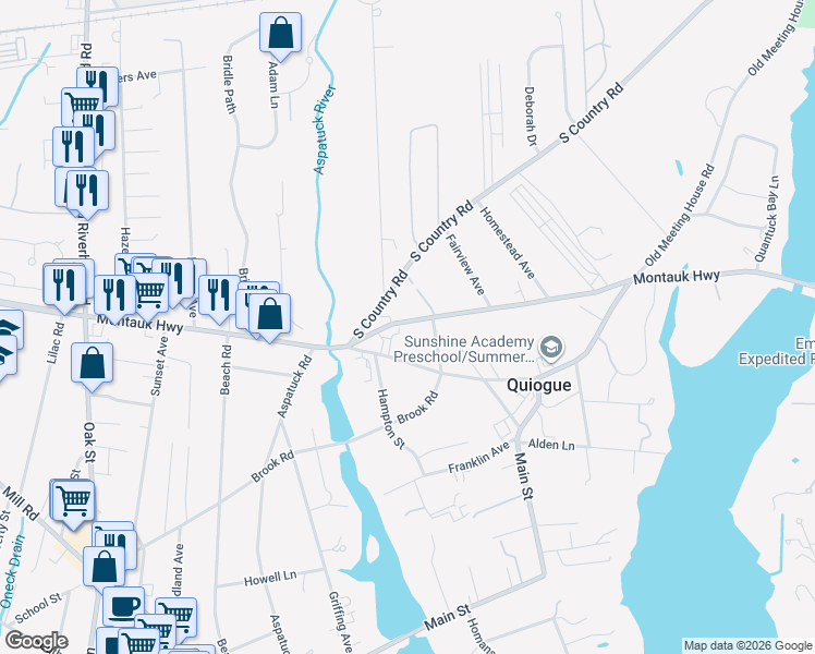 map of restaurants, bars, coffee shops, grocery stores, and more near 20 Meeting House Road in Westhampton Beach