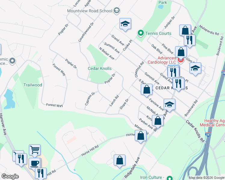 map of restaurants, bars, coffee shops, grocery stores, and more near 13 Larch Road in Hanover