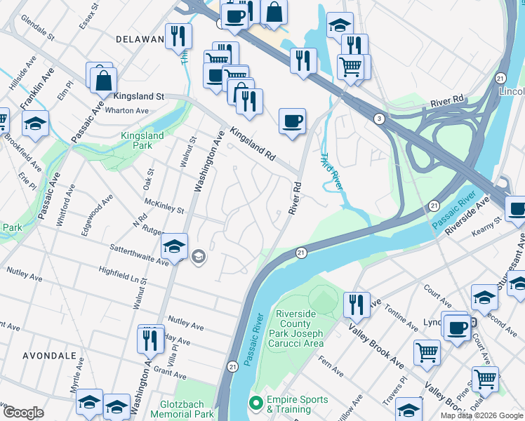 map of restaurants, bars, coffee shops, grocery stores, and more near 122 Stratford Drive in Nutley