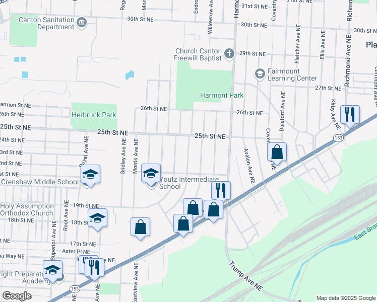 map of restaurants, bars, coffee shops, grocery stores, and more near 2318 Endrow Avenue Northeast in Canton