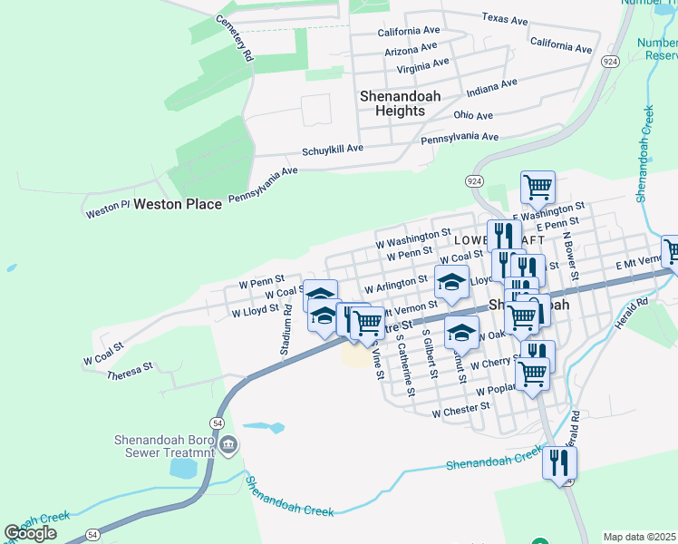 map of restaurants, bars, coffee shops, grocery stores, and more near 642 West Penn Street in Shenandoah