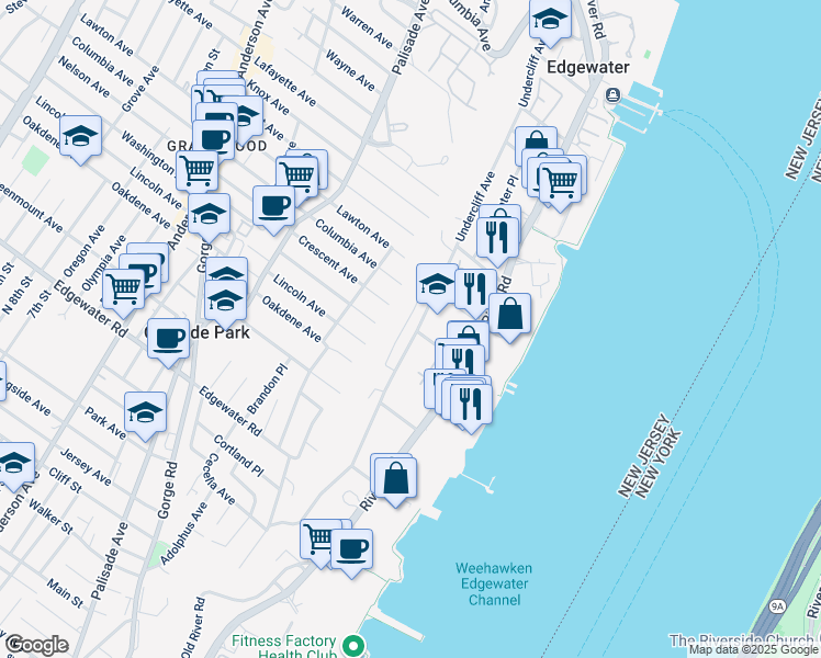 map of restaurants, bars, coffee shops, grocery stores, and more near 208 Undercliff Avenue in Edgewater