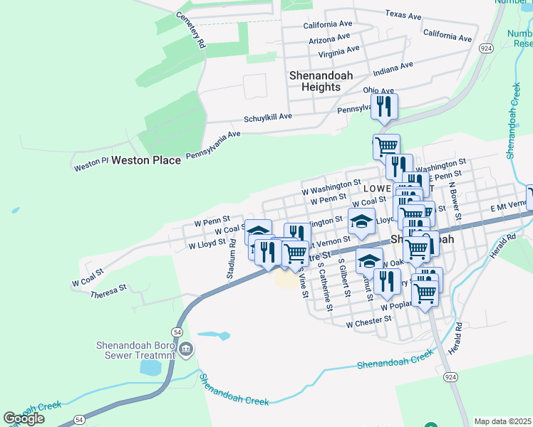 map of restaurants, bars, coffee shops, grocery stores, and more near 642 West Penn Street in Shenandoah