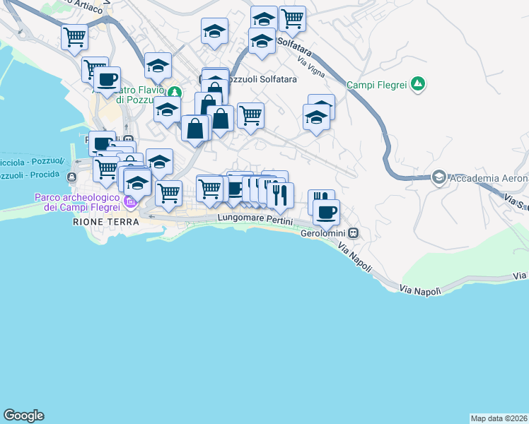 map of restaurants, bars, coffee shops, grocery stores, and more near 103 Corso Umberto I in Pozzuoli