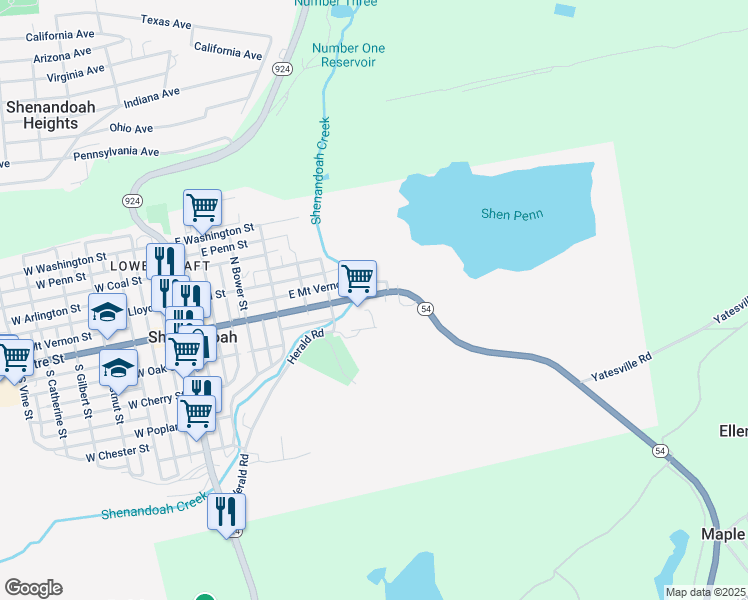 map of restaurants, bars, coffee shops, grocery stores, and more near 618 East Centre Street in Shenandoah