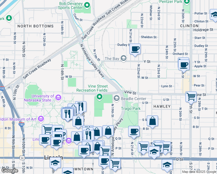 map of restaurants, bars, coffee shops, grocery stores, and more near 1830 Vine Street in Lincoln