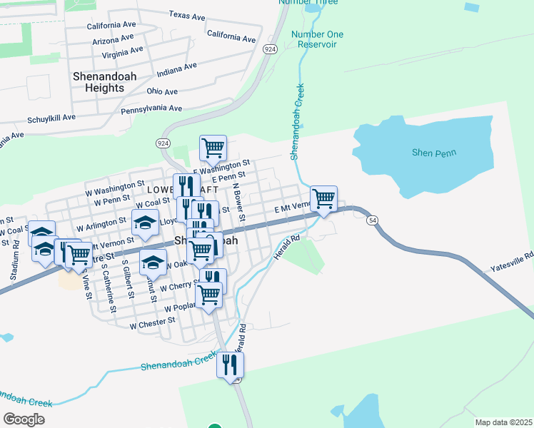 map of restaurants, bars, coffee shops, grocery stores, and more near 17 North Emerick Street in Shenandoah