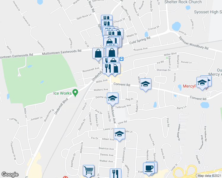 map of restaurants, bars, coffee shops, grocery stores, and more near Jackson Avenue & Walters Avenue in Syosset