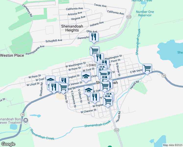 map of restaurants, bars, coffee shops, grocery stores, and more near 115 North West Street in Shenandoah