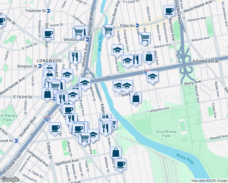 map of restaurants, bars, coffee shops, grocery stores, and more near 757 Story Avenue in Bronx