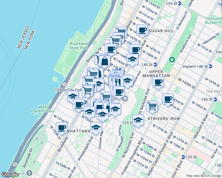 map of restaurants, bars, coffee shops, grocery stores, and more near 1542 Amsterdam Avenue in New York