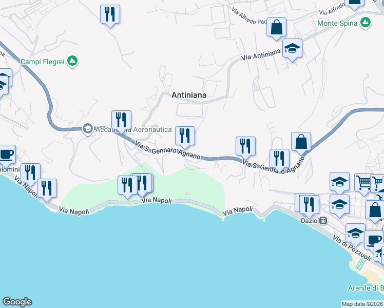 map of restaurants, bars, coffee shops, grocery stores, and more near 59 Via San Gennaro Agnano in Pozzuoli