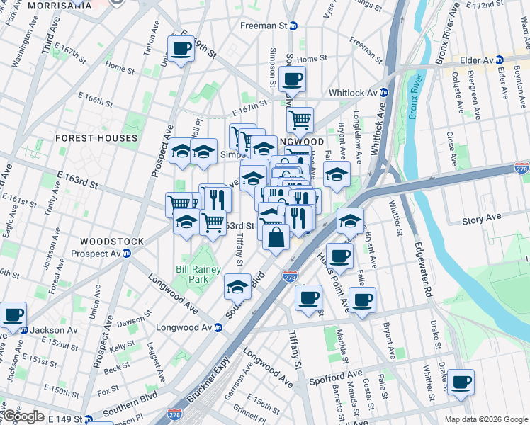 map of restaurants, bars, coffee shops, grocery stores, and more near 975 Simpson Street in Bronx