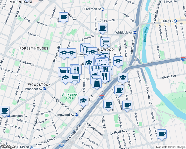 map of restaurants, bars, coffee shops, grocery stores, and more near 975 Simpson Street in Bronx