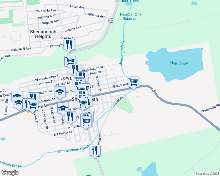 map of restaurants, bars, coffee shops, grocery stores, and more near 17 North Emerick Street in Shenandoah