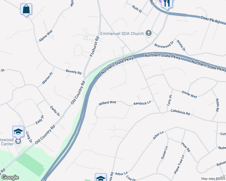 map of restaurants, bars, coffee shops, grocery stores, and more near 19 Willard Way in Dix Hills