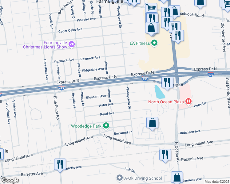 map of restaurants, bars, coffee shops, grocery stores, and more near 40 Blossom Avenue in Holtsville