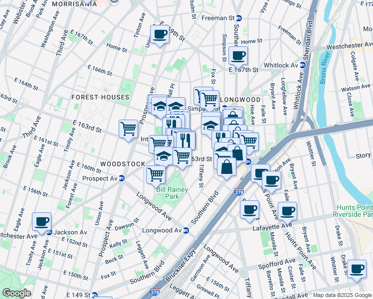 map of restaurants, bars, coffee shops, grocery stores, and more near 949e Kelly Street in Bronx