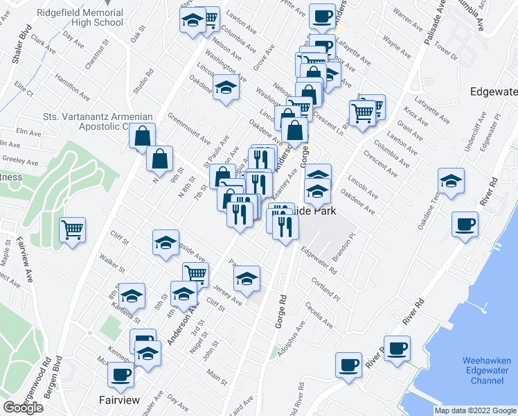 map of restaurants, bars, coffee shops, grocery stores, and more near 234 Edgewater Road in Cliffside Park
