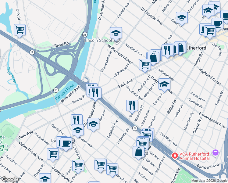 map of restaurants, bars, coffee shops, grocery stores, and more near 36 East Gouverneur Avenue in Rutherford