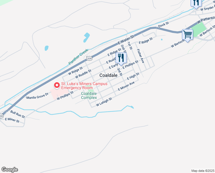 map of restaurants, bars, coffee shops, grocery stores, and more near 36 West High Street in Coaldale