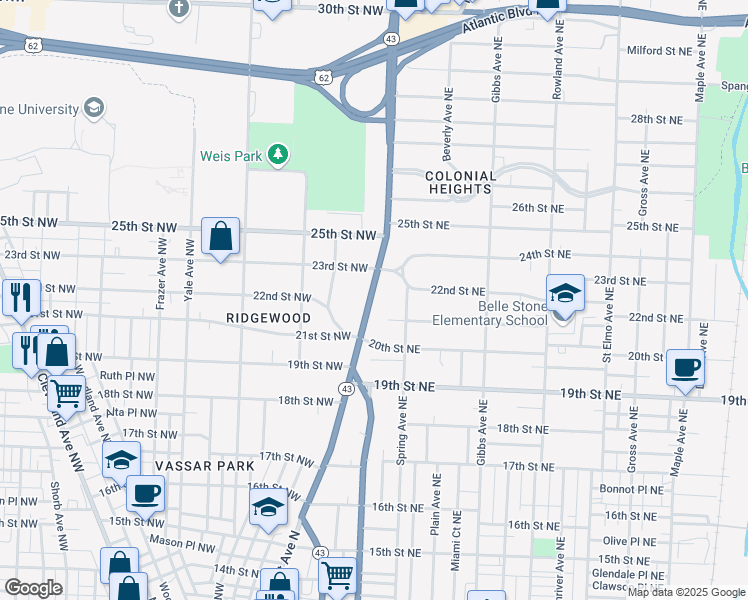 map of restaurants, bars, coffee shops, grocery stores, and more near 2110 Market Avenue North in Canton