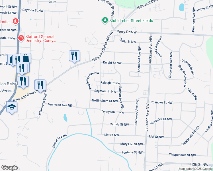 map of restaurants, bars, coffee shops, grocery stores, and more near 1369 Seymour Street Northwest in Massillon