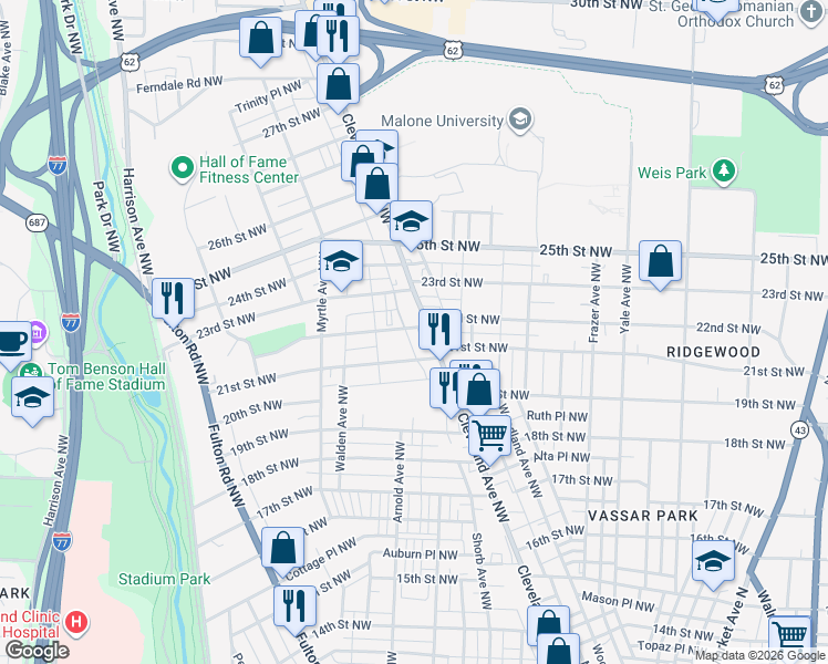 map of restaurants, bars, coffee shops, grocery stores, and more near 2105 Cleveland Avenue Northwest in Canton